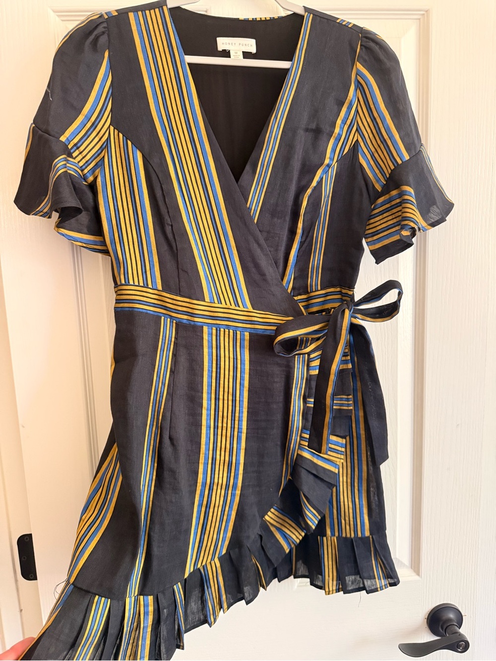 VICI - Honey Punch Black Wrap Mini Dress with Yellow & Blue Stripes